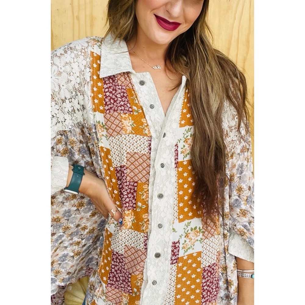 POL Floral + Lace Patchwork Button Down Shirt in Caramel Cream - Picture 3 of 15
